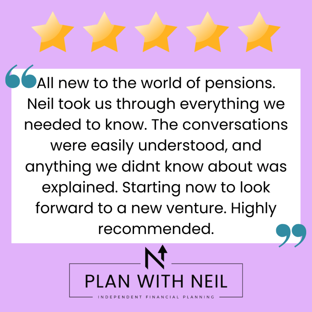 Testimonial for Plan With Neil:

All new to the world of pensions. Neil took us through everything we needed to know. The conversations were easily understood, and anything we didn't know about was explained. Starting now to look forward to a new venture. Highly recommended.